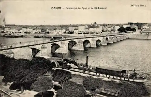 Ak Mâcon Saône-et-Loire, Panorama du Pont et de St. Laurent