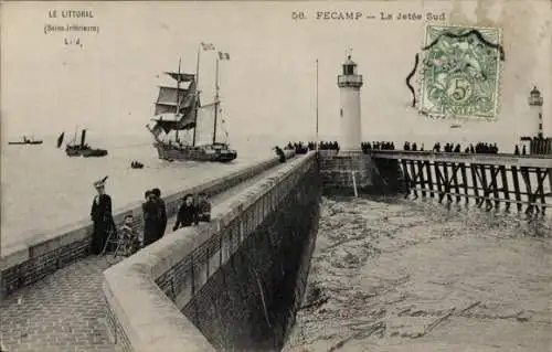Ak Fécamp Seine Maritime, Jetee Sud, Leuchtturm