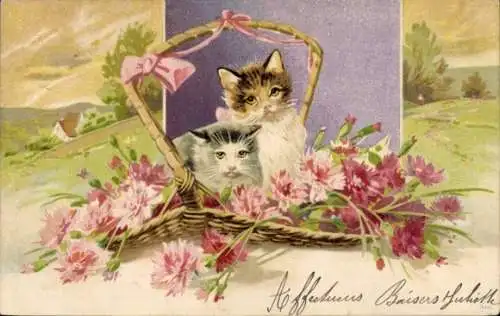 Präge Litho Katzen und Blumen im Korb
