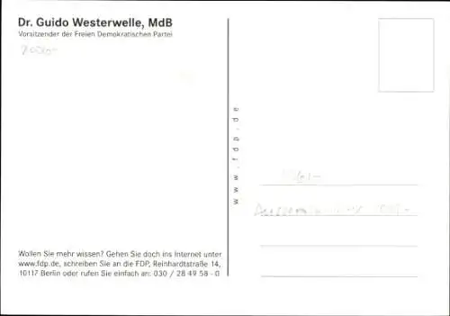 Ak Politiker Guido Westerwelle, Vorsitzender der FDP, Portrait, Autogramm