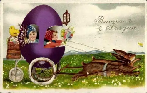 Ak Glückwunsch Ostern, Osterhasen, Osterei, Kutsche