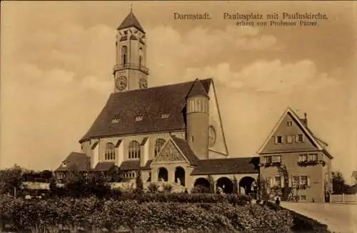 Ak Darmstadt in Hessen, Paulusplatz, Pauluskirche, erbaut von Professor Pützer