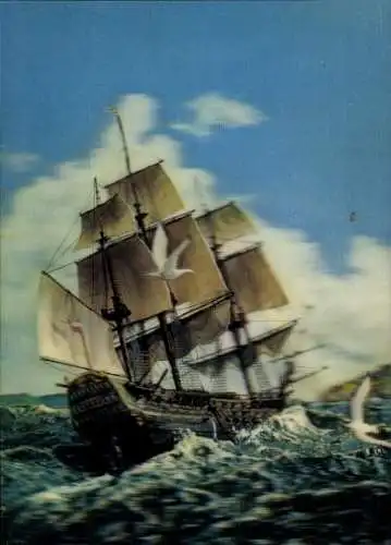 3 D Ak Segelschiff auf See, Dreimaster, Möwen