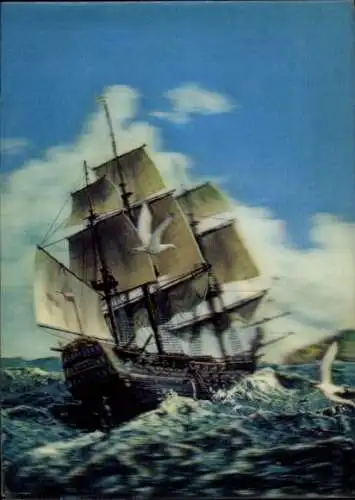 3 D Ak Segelschiff auf See, Dreimaster, Möwen