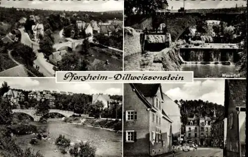 Ak Dillweißenstein Pforzheim im Schwarzwald, Teilansicht, Brücke, Wasserfall