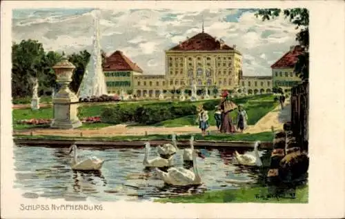 Künstler Litho München Bayern, Schloss Nymphenburg, Schwäne, Zieher 918