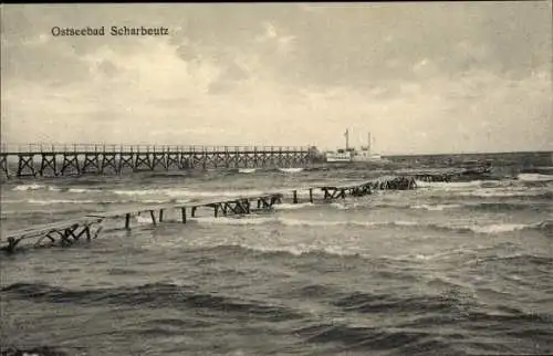 Ak Ostseebad Scharbeutz in Holstein, Seebrücke, Wellen, Schiff