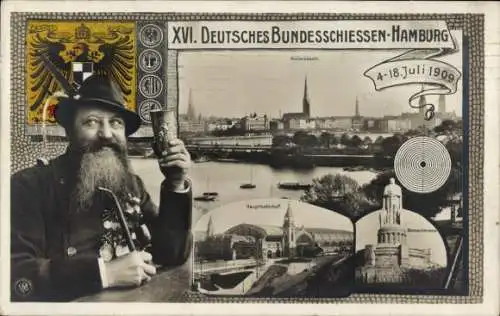 Ak Hamburg, XVI. Deutsches Bundesschießen 1909, Alsterbassin, Hauptbahnhof, Bismarckdenkmal