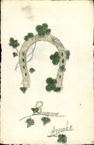 Handgemalt Ak Glückwunsch Neujahr, Hufeisen und Kleeblätter
