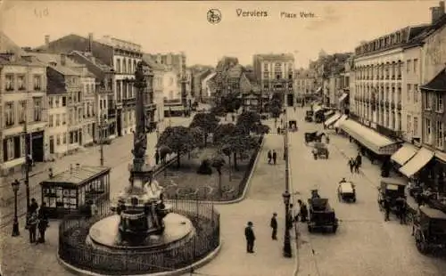 Ak Verviers Wallonien Lüttich, Place Verte, Denkmal, Geschäfte