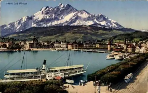 Ak Luzern Stadt Schweiz, Blick auf den Pilatus, Dampfer