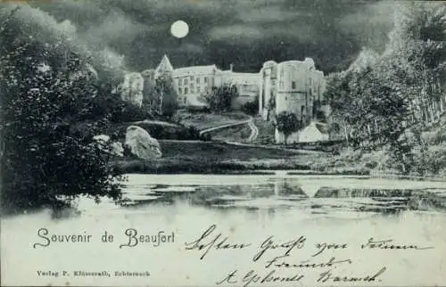 Mondschein Ak Beaufort Befort Luxemburg, Blick auf das Schloss