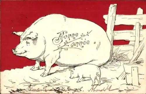 Litho Glückwunsch Neujahr, Schweine, Ferkel