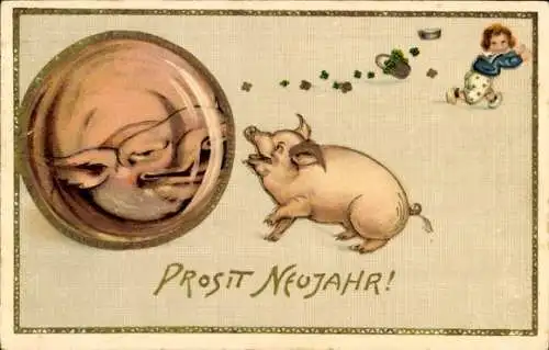 Ak Glückwunsch Neujahr, Schwein vor einem Spiegel