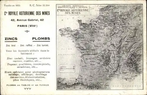 Landkarten Ak Paris VIII, Cie Royale Asturienne des Mines, Avenue Gabriel