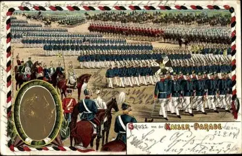 Präge Litho Kaiserparade, Kaiser Wilhelm II., Deutsche Soldaten in Uniformen