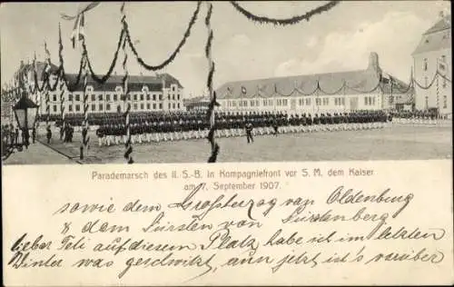 Ak Parademarsch des II. S.-B. in Kompagniefront vor Kaiser Wilhelm II. 1907