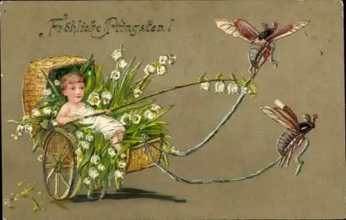 Ak Glückwunsch Pfingsten Maikäfer ziehen eine Kutsche, Maiglöckchen