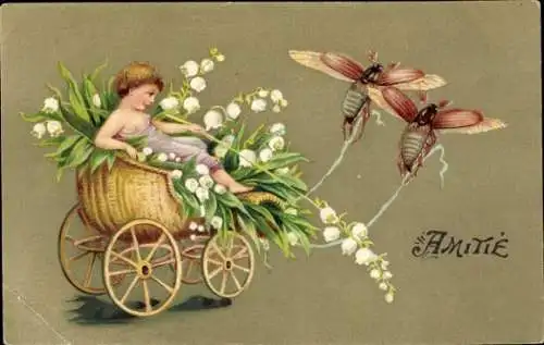 Ak Maikäfer ziehen eine Kutsche, Maiglöckchen