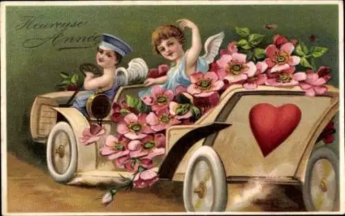 Ak Glückwunsch Neujahr, Engel in einem Auto, Blumen, Herz