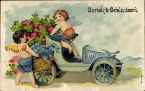 Ak Glückwunsch Geburtstag, Engel beladen ein Auto mit Herzen und Klee, Blumen
