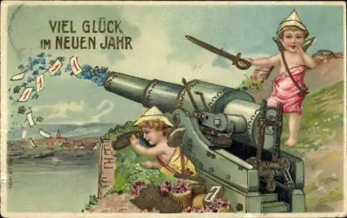 Ak Glückwunsch Neujahr, Engel feuern eine Kanone ab