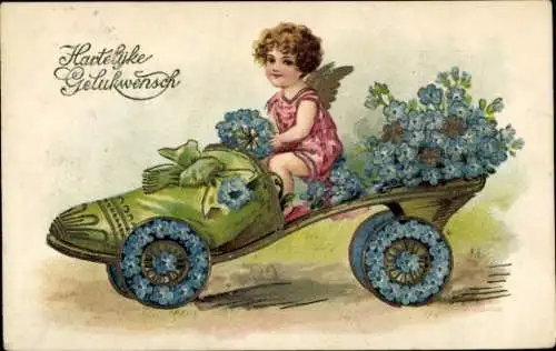 Präge Litho Glückwunsch Geburtstag, Damenschuh als Automobil, Engel, Vergissmeinnichtblüten