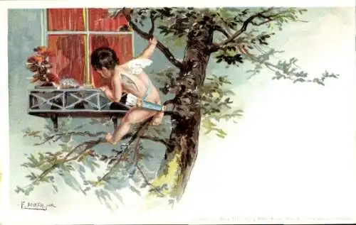 Künstler Ak Döcker, E., Engel auf einem Baum, Amor schaut zum Fenster rein