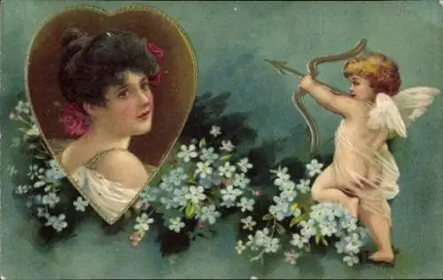 Präge Litho Portrait einer jungen Frau, Eros mit Bogen, Liebe, Vergissmeinnicht