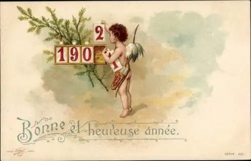 Litho Glückwunsch Neujahr, Engel, Amor, Jahreszahl 1902