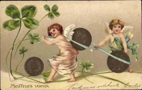 Präge Litho Engel mit Münzen und Kleeblättern