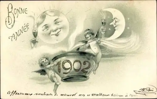 Präge Litho Glückwunsch Neujahr, Jahreszahl 1902, Engel mit Punschschüssel