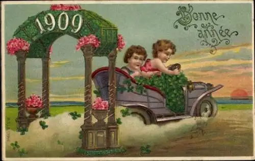 Präge Litho Glückwunsch Neujahr, Jahreszahl 1909, Auto, Kleeblätter