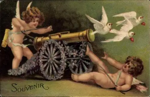 Präge Ak Engel schießen Tauben aus einer Kanone, Veilchen