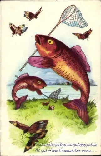 Ak Vermenschlichte Fische fangen Schmetterlinge