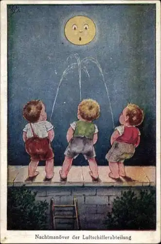 Künstler Ak Scheuermann, Willi, Nachtmanöver der Luftschifferabteilung, pinkelnde Jungen