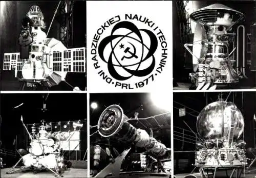 Ak Warszawa Warschau Polen, Ausstellung 1977, Raumfahrt, Wenera-4, Luna-16, Sojuz