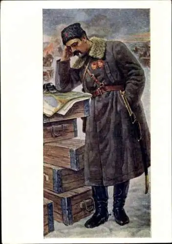 Künstler Ak Strunnikov, Rauchender russischer Soldat, Mantel