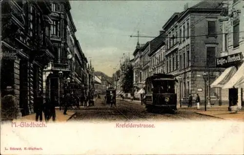 Ak Mönchengladbach am Niederrhein, Krefelderstraße, Straßenbahn, Zigarrenhandlung Krüger & Oberbeck