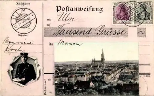 Passepartout Ak Ulm an der Donau Baden Württemberg, Stadtansicht, Postanweisung, Postbote