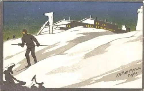Künstler Ak Rettelbusch, Adolf, Brocken, Brockenhotel, Skifahrer