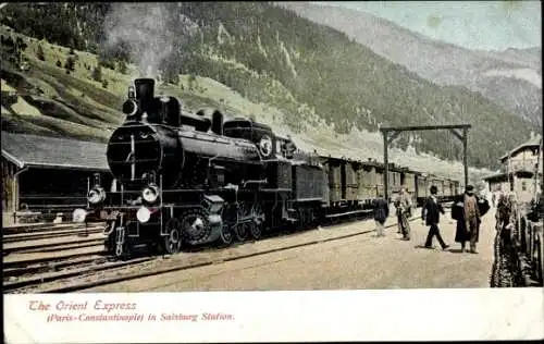 Ak Der Orient-Express Paris Konstantinopel, Eisenbahn im Bahnhof in Salzburg, Lokomotive