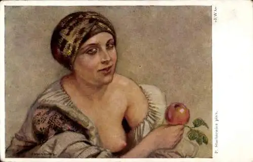 Künstler Ak Stachiewicz, P., Ewa, Frau mit entblößter Brust, Apfel