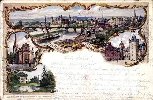 Künstler Litho Aschaffenburg Unterfranken Bayern, Panorama, Kirche, Schloss, Uferpartie