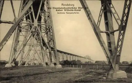 Ak Rendsburg in Schleswig Holstein, Eisenbahnhochbrücke, Kaiser-Wilhelm-Kanal, Rampenpfeiler