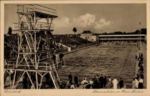 Ak Düsseldorf am Rhein, Schwimmbahn im Rhein Stadion, Sprungturm