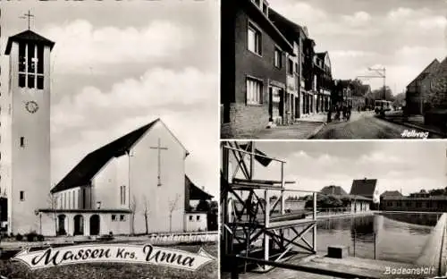 Ak Massen Unna im Ruhrgebiet, Friedenskirche, Hellweg, Badeanstalt