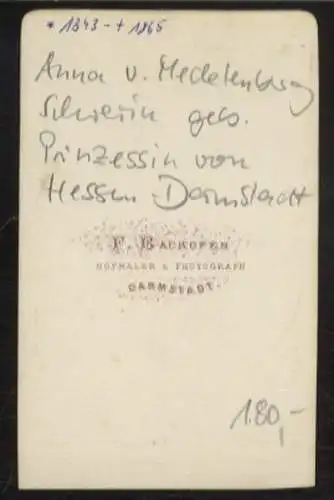 CdV Portrait Herzogin Anna v. Mecklenburg-Schwerin, geb. Prinzessin v. Hessen-Darmstadt