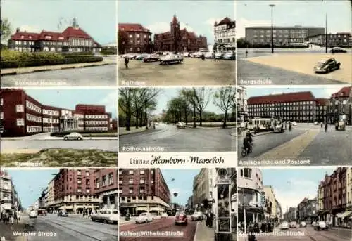 Ak Hamborn Marxloh Duisburg am Rhein, Bahnhof, Rathaus, Bergschule, Amtsgericht, Postamt, Stadtbad