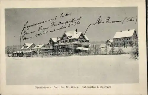 Ak Hahnenklee Bockswiese Goslar im Harz, Sanatorium v. San.-Rat Dr. Klaus, Winter